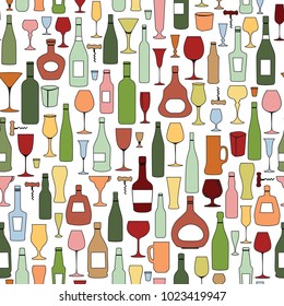 Wine bottle and wine glass seamless pattern. Drink wine bar tile background. Vinary party decor