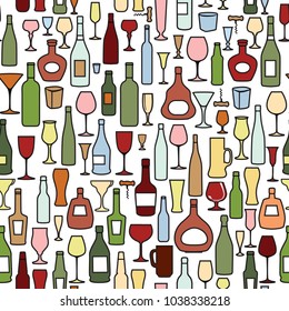 Wine bottle and wine glass seamless pattern. Drink wine bar tile background. Vinary party decor