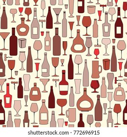 Wine bottle and wine glass seamless pattern. Drink wine bar tile background. Vinary party decor