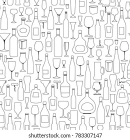 Wine bottle and wine glass seamless pattern. Drink wine bar tile background. Vinary party decor