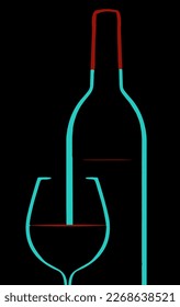 A wine bottle and wine glass are seen in a rim light that also highlights the red wine in the glass and bottle in this vector illustration.
