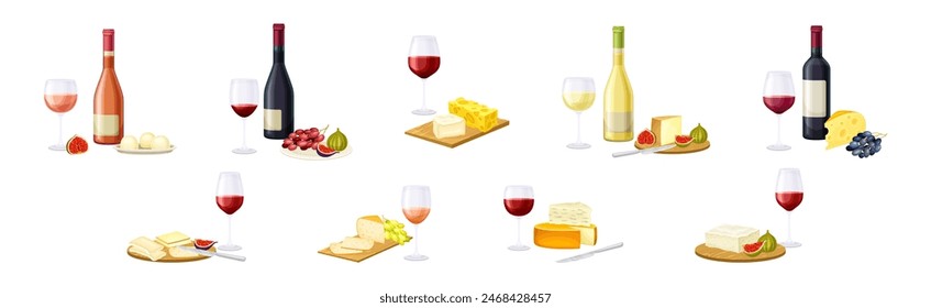 Wine Bottle with Glass Served with Cheese and Fruit Vector Set