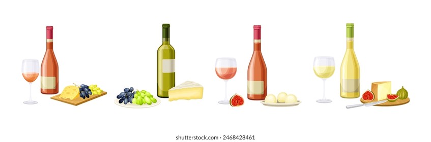 Wine Bottle with Glass Served with Cheese and Fruit Vector Set