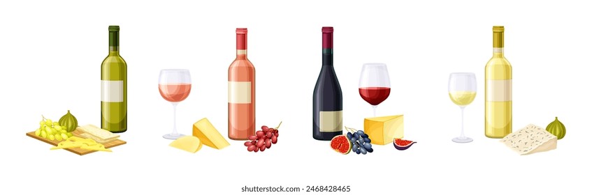 Wine Bottle with Glass Served with Cheese and Fruit Vector Set