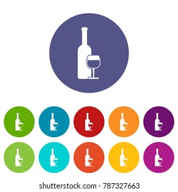 Wine bottle and glass set icons in different colors isolated on white background