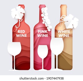 Botella de vino y juego de vidrio, ilustración vectorial en estilo de arte de papel. Vino rojo, rosa, blanco. Menú de restaurante, afiche, pancarta, planilla de volante.