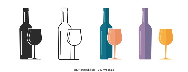Wine bottle and glass shape silhouette icon vector simple graphic image set flat cartoon, wineglass black white line outline solid block symbol pictogram clip art minimal modern design