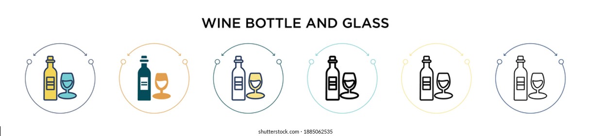 Wine bottle and glass sign icon in filled, thin line, outline and stroke style. Vector illustration of two colored and black wine bottle and glass sign vector icons designs can be used for mobile,