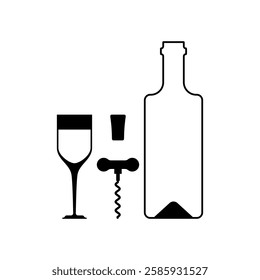 Wine bottle and glass sign set. Corkscrew symbol icon