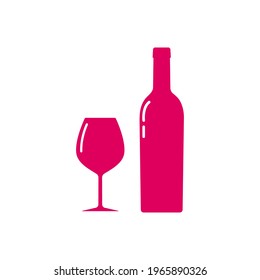 Wine bottle and glass silhouette, beverage container and goblet. Alcohol drink icon on a white background. A simple logo. Shape basis for the design. Isolated. Vector illustration