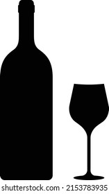 Wine bottle and glass silhouette isolated on white background, vector illustration