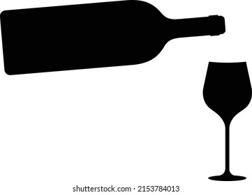 Wine bottle and glass silhouette pours into glass of wine isolated on white background, vector illustration