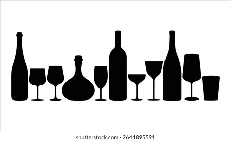 Wine Bottle and Glass Silhouette Vector Set. Alcohol Drinkware Icons on White Background.	