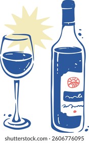 Wine bottle and wine glass silhouettes. Block print or stamp. Hand drawn vector illustration isolated on transparent background.