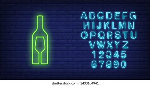 Wine bottle and glass silhouettes neon sign. Winery, bar or advertisement design. Night bright neon sign, colorful billboard, light banner. Vector illustration in neon style.