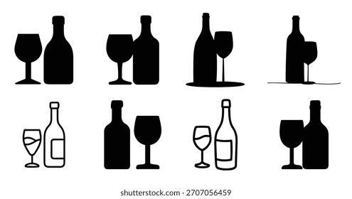 Weinflasche und Glas Silhouetten Vektorsammlung
