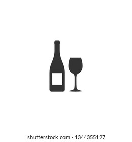 Wine bottle and glass simple vector icon set. Wine glass and bottle black isolated silhouette icon.