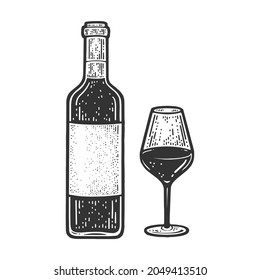 Wine bottle with glass sketch engraving vector illustration. T-shirt apparel print design. Scratch board imitation. Black and white hand drawn image.