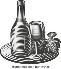 Wine bottle and glass in the style of engraving. Vintage hand drawn illustration.  Retro style.  