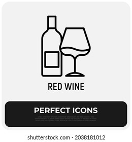 Wine bottle and wine glass thin line icon. Modern vector illustration.