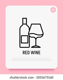 Wine bottle and wine glass thin line icon. Modern vector illustration.