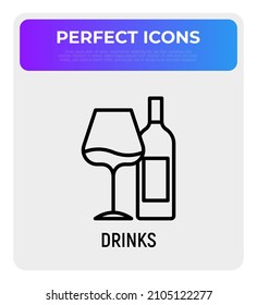 Wine bottle and wine glass thin line icon. Romantic dinner. Modern vector illustration.