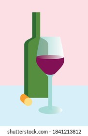 wine bottle and glass trend blue and pink background