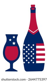 Wine bottle and glass with United States flag colors and stars celebrating Independence, President's, Memorial, Labor, Columbus or Veterans Day