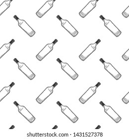 Wine bottle, glass. Vector in doodle and sketch style. Isolated on white background, seamless pattern