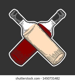 Wine bottle, glass. Vector in doodle and sketch style. Isolated on dark background