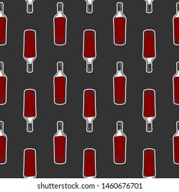 Wine bottle, glass. Vector in doodle and sketch style. Isolated on dark background, seamless pattern