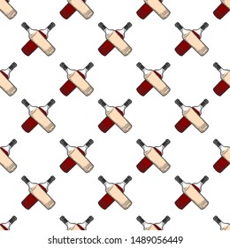 Wine bottle, glass. Vector in doodle and sketch style. Isolated on white background, seamless pattern