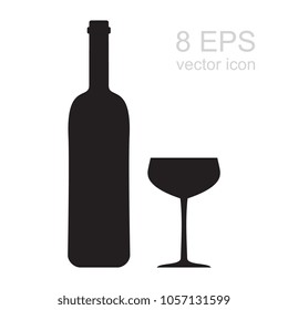 Wine Bottle and Glass Vector Icon. Silhouette of Wineglass and Black Flask Isolated on White Background