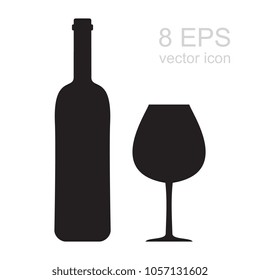 Wine Bottle and Glass Vector Icon. Silhouette of Wineglass and Black Flask Isolated on White Background