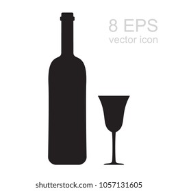 Wine Bottle and Glass Vector Icon. Silhouette of Wineglass and Black Flask Isolated on White Background