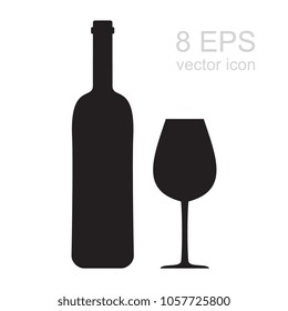 Wine Bottle and Glass Vector Icon. Silhouette of Wineglass and Black Flask Isolated on White Background