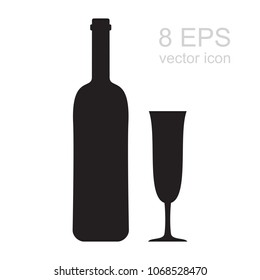 Wine Bottle and Glass Vector Icon. Silhouette of Wineglass and Black Flask Isolated on White Background