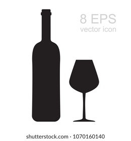 Wine Bottle and Glass Vector Icon. Silhouette of Wineglass and Black Flask Isolated on White Background