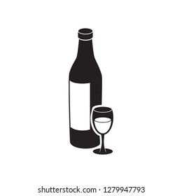 Wine bottle with glass vector icon. 