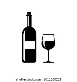 Botella de vino y vaso de vino. Icono de vector