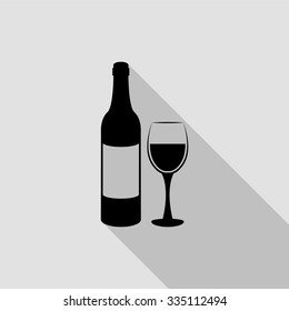wine bottle and wine glass vector icon with long shadow