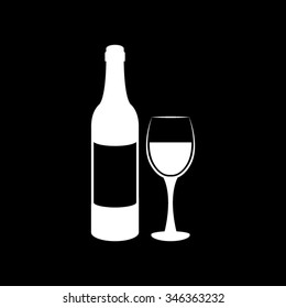 wine bottle and wine glass vector icon isolated on black