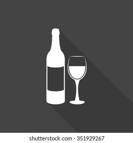wine bottle and wine glass vector icon with long shadow