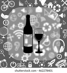 Wine bottle and wine glass vector icon - matte glass button on background consisting of  different icons