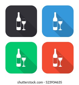 Wine bottle and wine glass vector icon - colored illustration (gray blue green red)  with long shadow