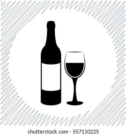 Wine bottle and wine glass vector icon - black  illustration