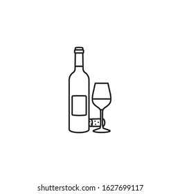 Wine bottle and wine glass vector line icon. Isolated beverage outline symbol.