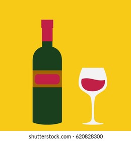 wine bottle and wine glass vector on yellow background