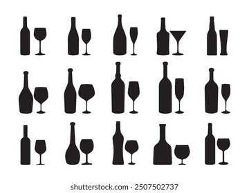 wine bottle and glass vector set