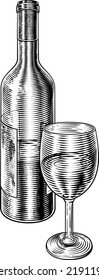 A wine bottle and glass in a vintage etching woodcut style
